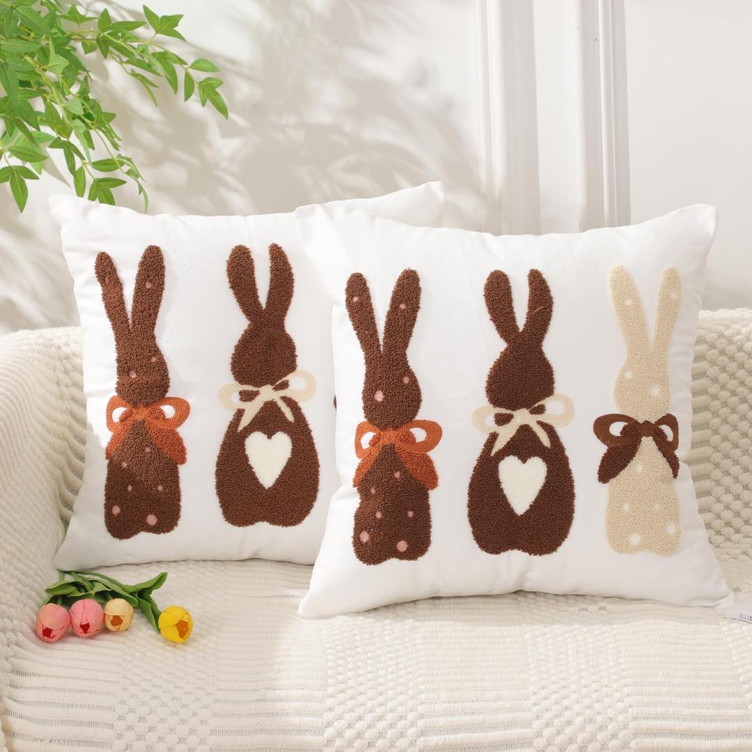 Easter Pillow Covers 18x18 inch Set of 2 Easter Decorations Brown Rabbit Embroidery Throw Pillows for Bedroom Sofa Couch Holiday Home Farmhouse Decor