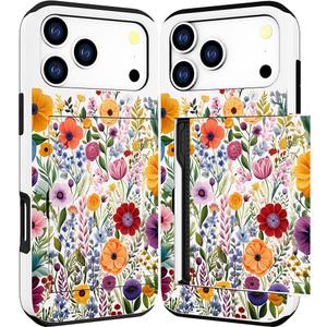 2 x Compatible with iPhone 17 Pro Max Case Wallet Cute for Women with Design,Rugged Credit Card Holder Slot Protective Phone Skin Cases Girly Design (Red Vibrant Colorful Flowers)