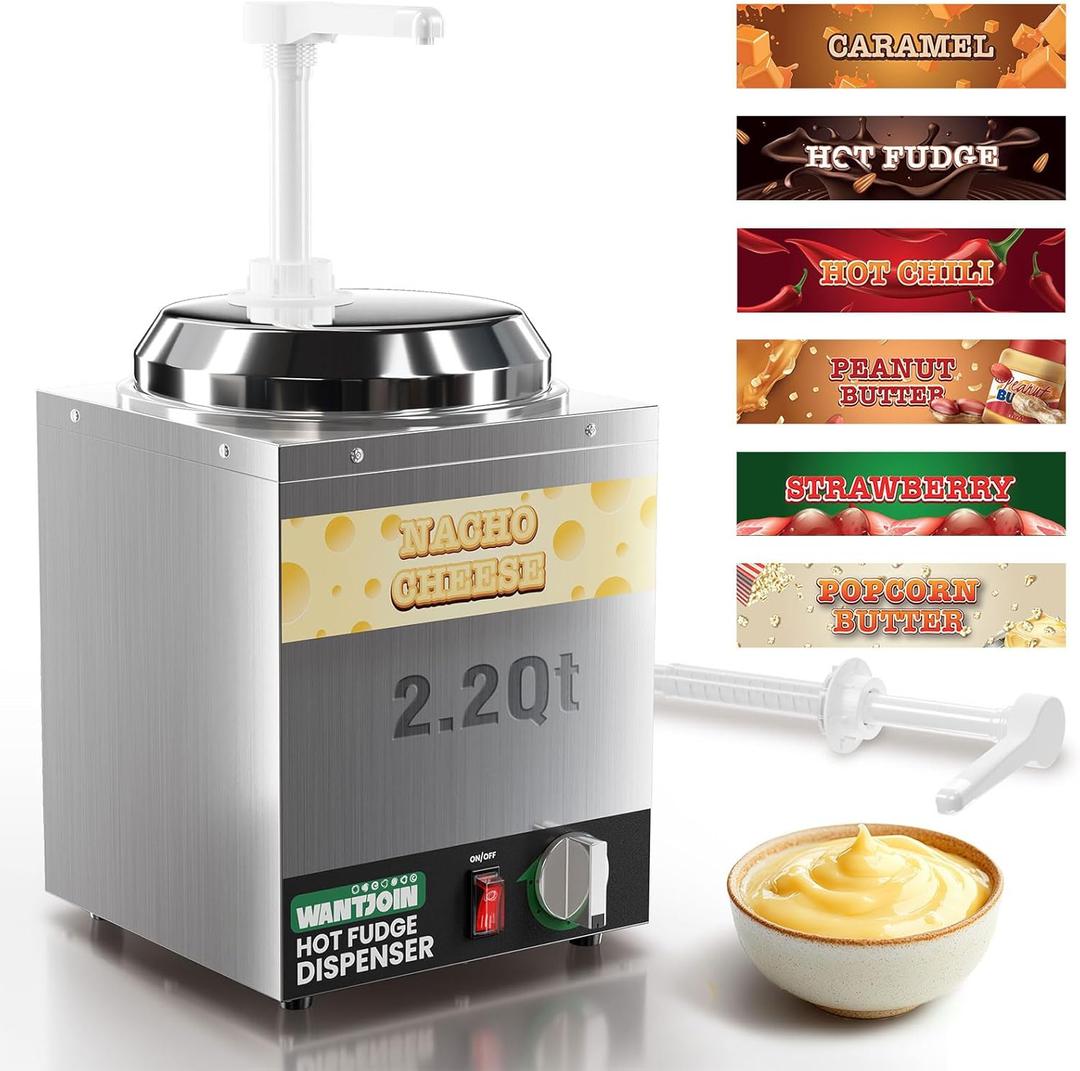 WantJoin Nacho Cheese Dispenser with Pump - 2.2Qt Nacho Cheese Warmer Commercial Hot Fudge Dispenser W/5-Level Temperature Adjustment for Stainless Steel Hot Fudge Warmer, Cheese Caramel