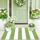 OLANLY Green and White Striped Rug 3' x 5' – Washable Cotton Indoor Outdoor Doormat for Front Door, Entryway, Kitchen, Porch, Patio Decor
