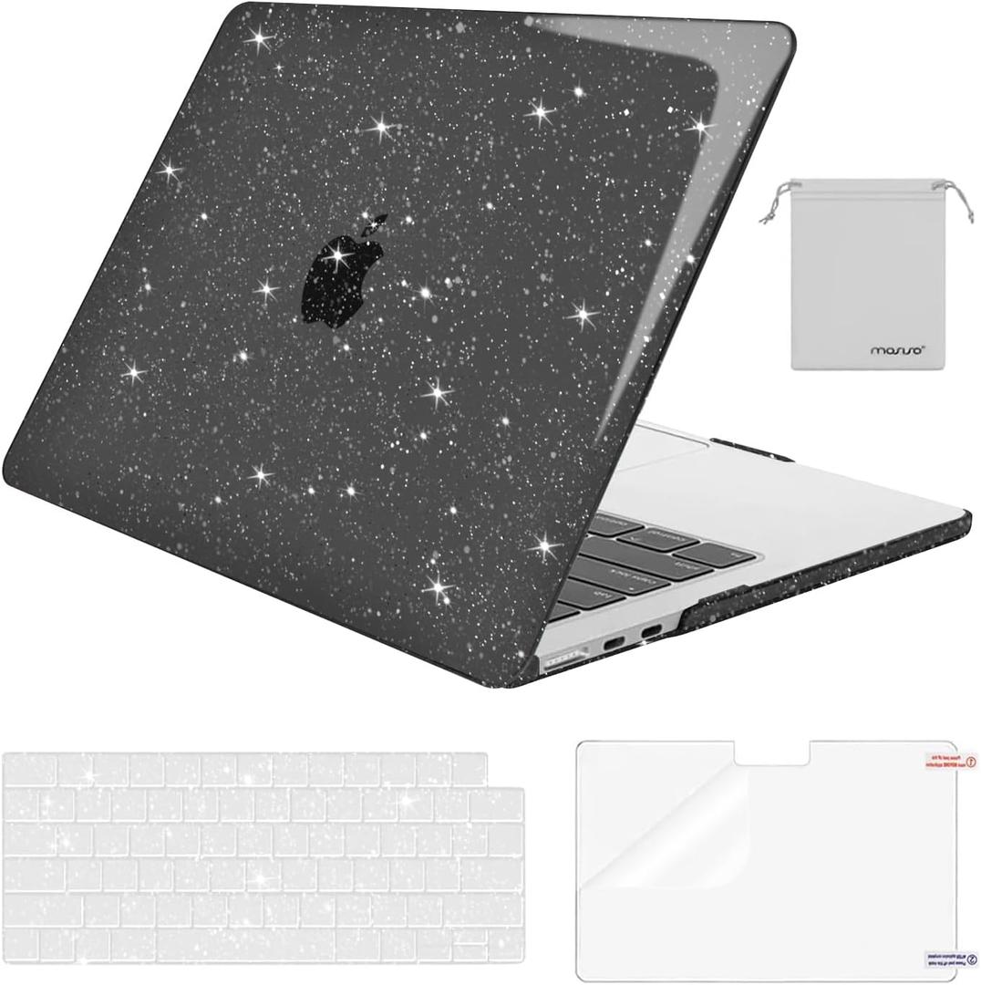 MOSISO Compatible with MacBook Air 13 inch Case 2026 2025 2024 2023 2022 M4 A3240 M3 A3113 M2 A2681, Sparkly Glitter Hard Shell&Keyboard Cover&Screen Film&Pouch for MacBook Air 13.6 inch, Black