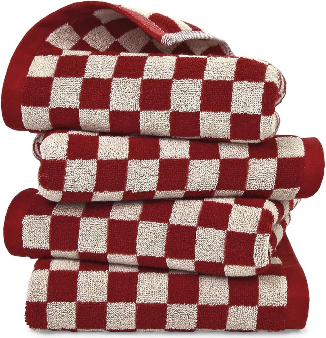 Jacquotha Red Hand Towels for Bathroom Set of 4 - Cute Checkered Hand Towel for Farmhouse Retro Guest Room & Kitchen Decor, Lightweight Cotton, 29 x 13