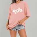 Faktuzi Daisy Shirts for Women Oversized T Shirts Flower Graphic Tees Vintage Floral Print Crewneck Cotton Short Sleeve Tops (Pink, M)