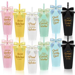 Honeydak 12 Set Social Worker Appreciation Week Gifts 24oz Colored Plastic Cups with Lids Straws and Ribbon Bow Decorations Social Worker Thank You for Team Graduation Party Gifts Decoration