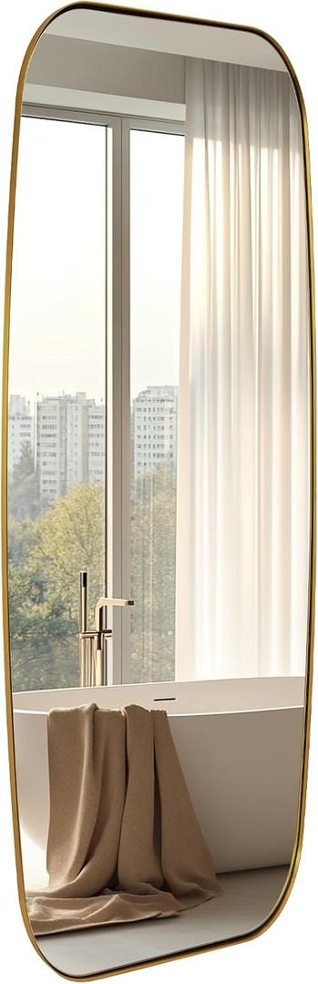 ANDY STAR 18x48 Full Length Wall Mirror, Brushed Gold Oblong Shaped Body Mirror with Stainless Steel Metal Frame, Rounded Corner Design for Floor and Leaning