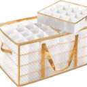 SONGMICS Large Christmas Ornament Storage Box, 3-Inch Balls, 8 Trays, 128 Slots, Plastic Christmas Storage Container with Lid, Dual Zippers, Side Handles, Sandy Gold URFB029A01