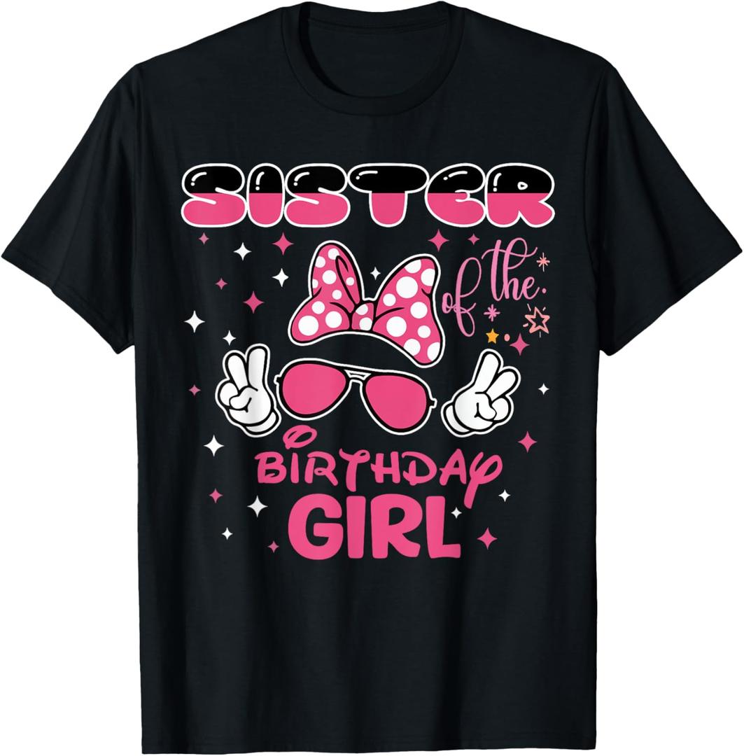 Sister Of The Birthday Girl Cute Pink Bow Family Matching T-Shirt (Small, Black)