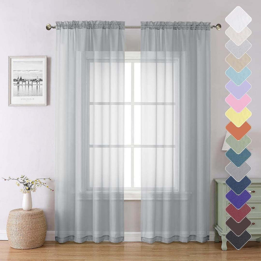 Lecloud Light Grey Sheer Curtains 84 Inch Length 2 Panels, Balance Light & Privacy Dining Room/Bedroom/Living Room Window Silver Gray Curtain, Dual Rod Pockets Solid Voile Drapes, 40x84 Inches