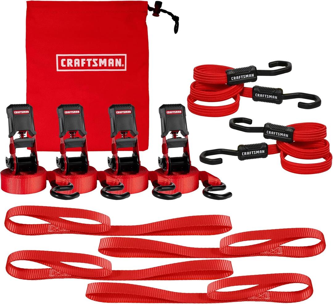 CRAFTSMAN CMXAZBS777 Black/Red 10-Piece Tie-Down Kit with Ratchet Straps, Bungees, Soft Loops and Storage Bag (1,500 lb Break Strength) - Cargo Management and Hauling CRAFTSMAN CMXAZBS777 Black/Red 10-Piece Tie-Down Kit with Ratchet Straps, Bungees, Soft Loops and Storage Bag (1,500 lb Break Strength) - Cargo Management and Hauling