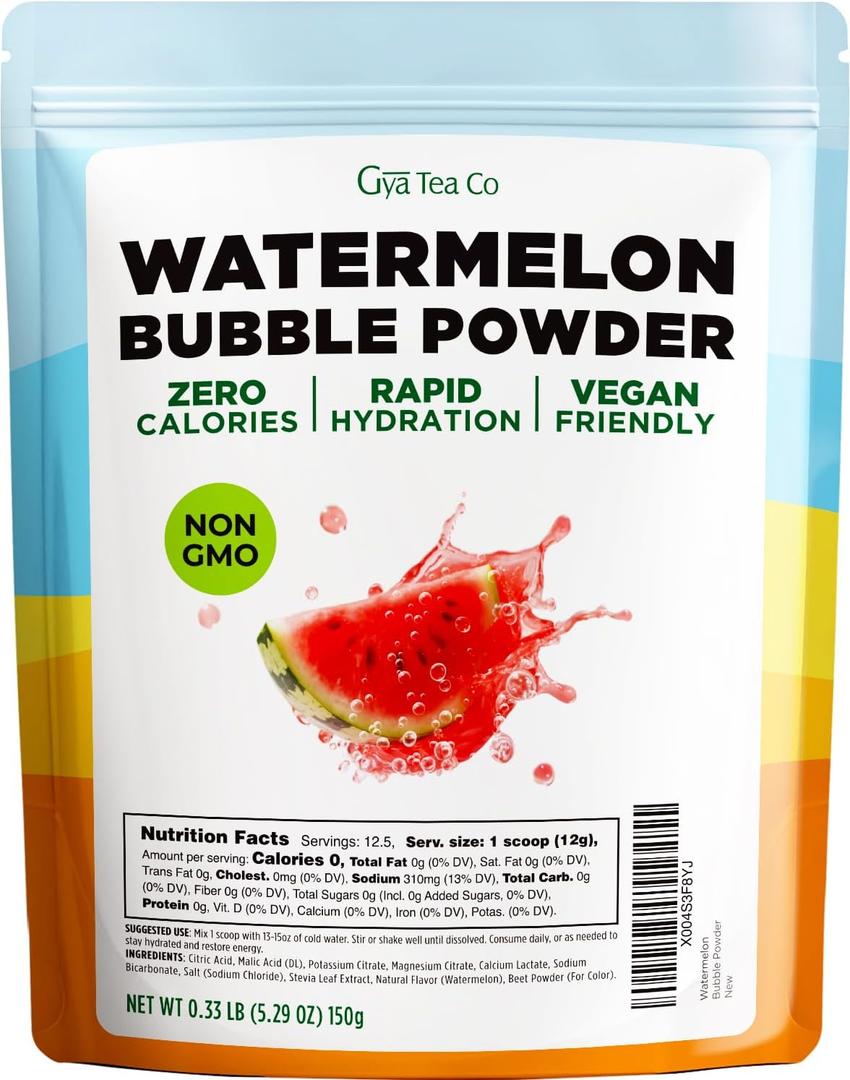 Gya Tea Co Watermelon Electrolyte Bubble Powder (5.29 oz) - Fizzy Watermelon Powder Drink for Hydration - No Sugar, Keto Friendly, Vegan, Non-GMO