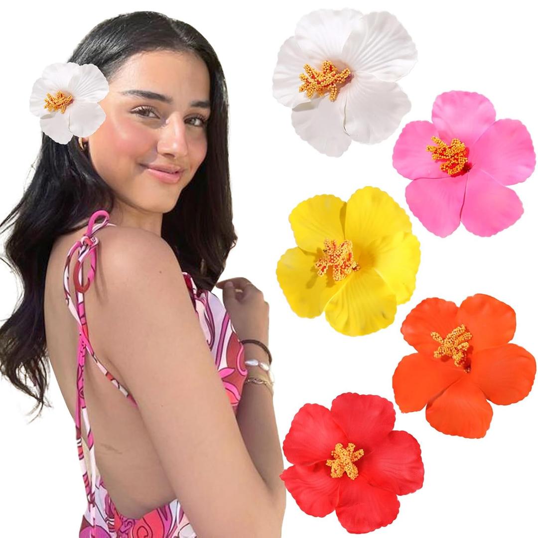 VOBOBE 5pcs Hawaiian Flower Hair Clips for Women, Plumeria Hibiscus Rose 3.5 Inch Artificial Floral Girls Clips Hair Accessories for Hawaiian Vacation Beach Wedding Party (Flower Hair Clips-A)