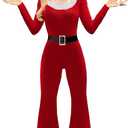 Women Christmas Santa Costume Long Sleeve Flared Jumpsuit with Santa Hat Set Velvet Mrs. Claus Cosplay Outfits, (Red, L)