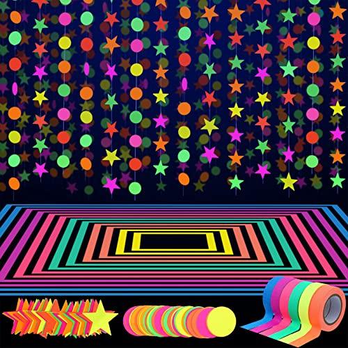 WILLBOND 127ft Glow Neon Party Supplies Set, 6 Colors UV Blacklight Reactive Tape, Neon Paper Garlands Circle Dots Stars Hanging Decorations for Birthday Wedding Glow Party Decorations