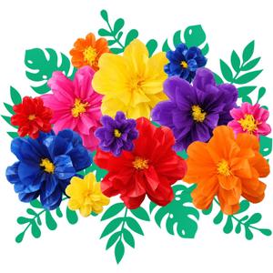 Geyee 12 Pcs 10" 20" Giant Mexican Fiesta Paper Flowers and 16 Pcs Leaves, Large Colorful Tissue Crepe Flowers Pom Poms Craft for Floral Backdrop Day of The Dead Birthday Party Decor(Elegant Color)