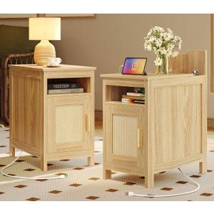 Huuger Narrow Night Stand Set of 2, End Table with Charging Station, USB-C Port, Rattan Side Table with Cabinet and Open Shelf, Synthetic Rattan, for Small Spaces, Bedroom, Natural Wood