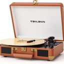 Vinyl Record Player with Built-in Speakers & USB Recording, Vintage 3-Speed Bluetooth Portable Suitcase Turntables Belt-Driven LP Player Support AUX/RCA/Headphone Jack, Brown Leather