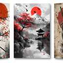 PBXBJY 3 Pieces Samurai Canvas Wall Art Japan Samurai and Full Moon Pictures Japanese Theme Painting Print Bushido Posters Decor Frame (24x36inchx3Pcs)
