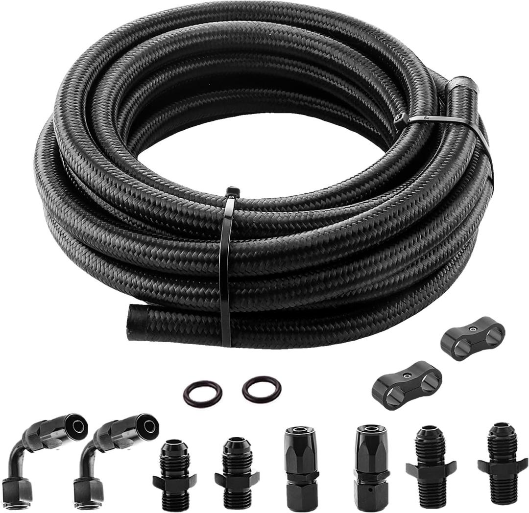 6AN Automatic Transmission Cooler Kit Compatible with 4L60E 4L65E - Nylon Braided Fuel Line Hose Kit with Separator Clamp - 15FT Black