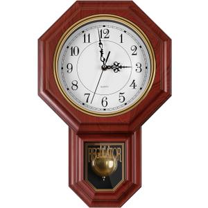 Regulator Wall Clock with Pendulum, Imitation Red Wood Plastic Wall Clock Battery Operated, Vintage Decorative Wall Clocks for Living Room, Farmhouse, Office, Bedroom, Kitchen, Wall Decor