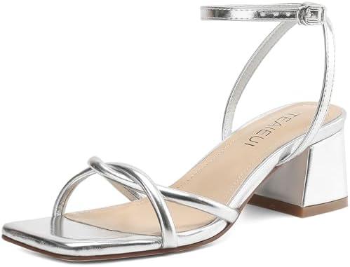 TEAIEUI Women's Sandals Strappy Heels for Women Dressy Open Square Toe Comfort Chunky Block Heel Dress Shoes for Prom Party Wedding. Size 9.