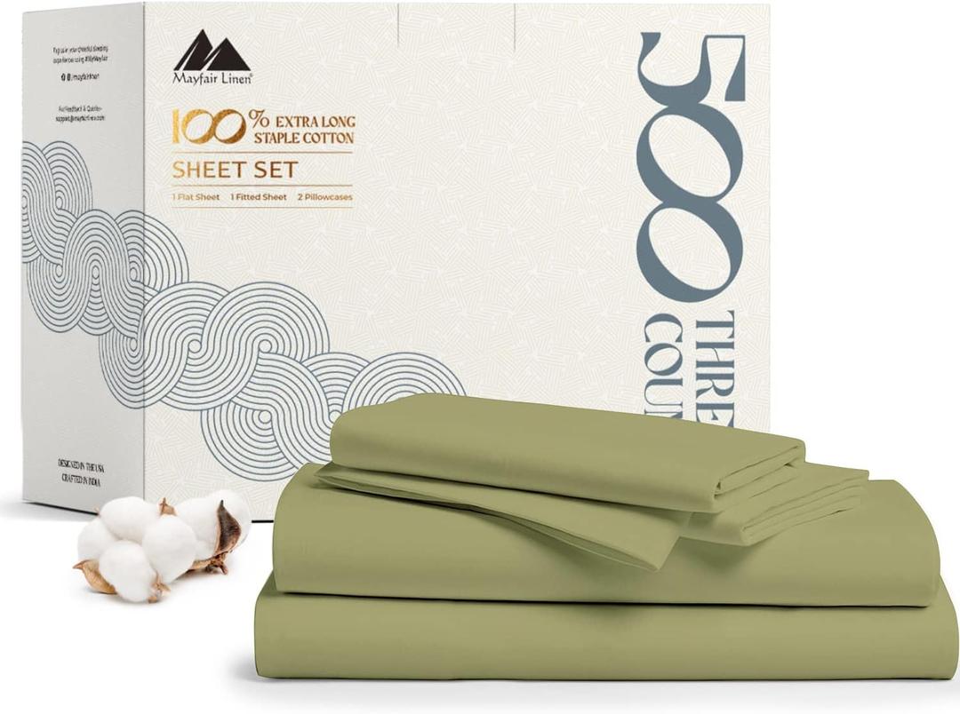 Mayfair Linen 500 Thread Count 100% Cotton Sheets King Size Bed Set - 4 PC King Bed Sheet Set Cotton (Sage Green), Soft, Cooling, Sateen 16" Deep Pocket Bedsheet for Hot Sleepers (Fits 18" Mattress)