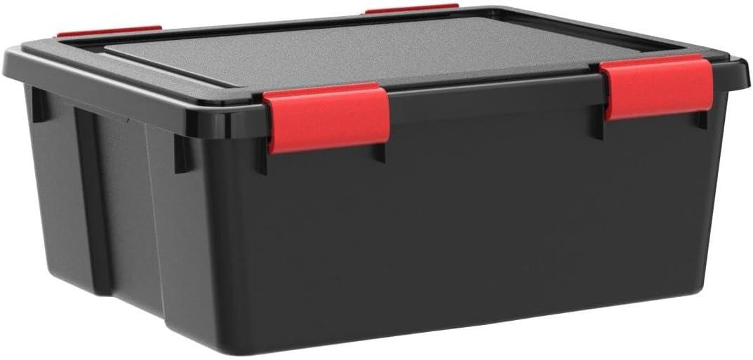 IRIS USA WeatherPro 31 Qt Storage Bins with Lids, 1 Pack, BPA-Free Plastic Gasket Box with Tight Latch and Seal, Stackable Nestable Tote Tub - Black/Red