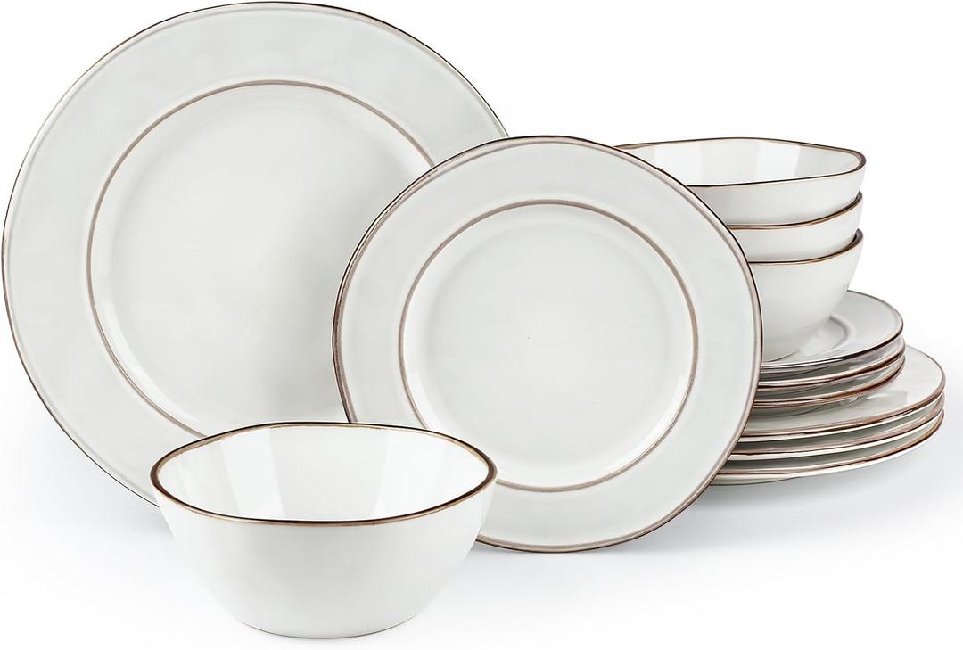 Famiware Plates and Bowls Sets, 12 Piece Dinnerware Sets for 4, Aurora Irregular Handmade Stoneware Dishes Set, Reactive Glaze, Microwave & Dishwasher Safe, Scratch-resistant, Pearl White (Set(12pcs))