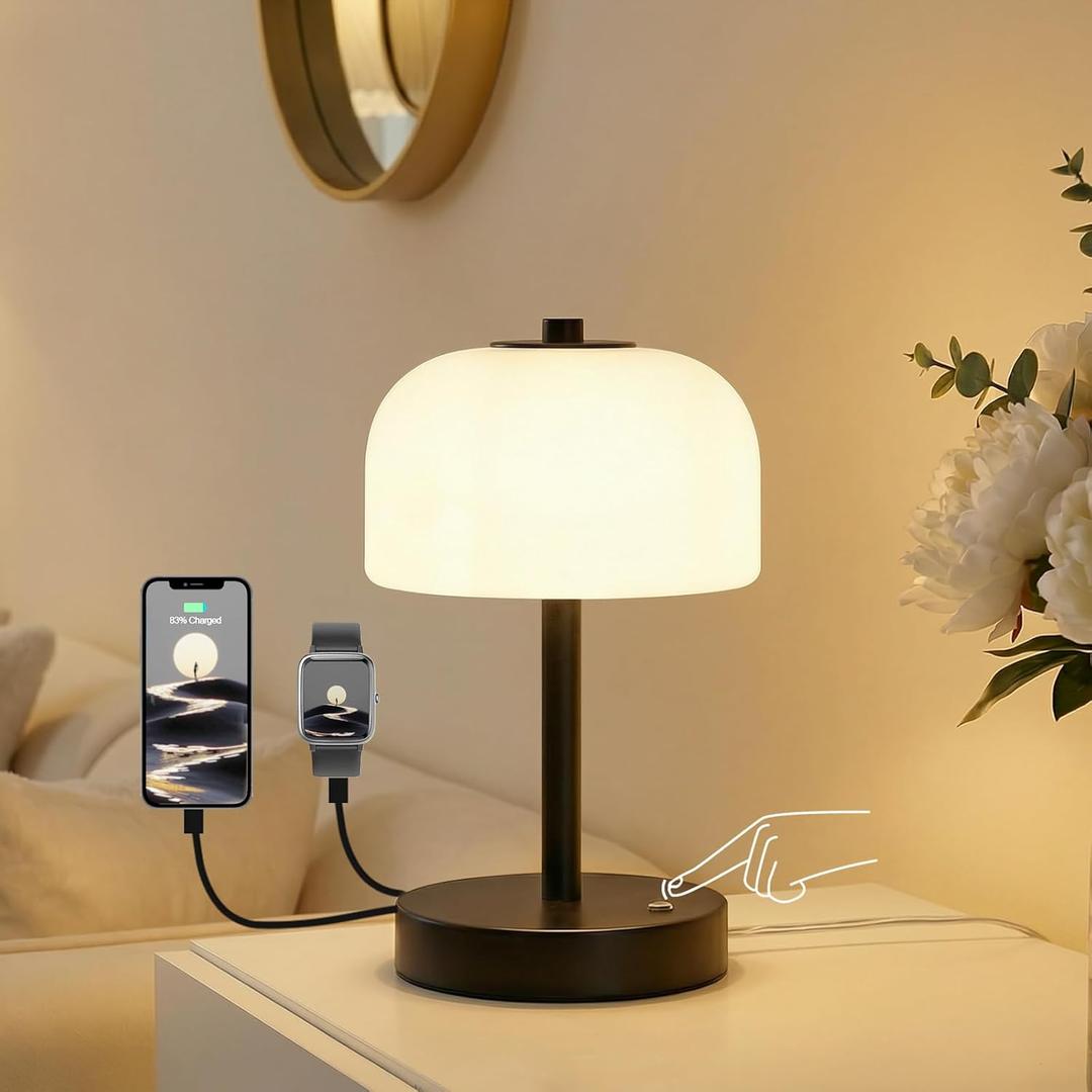 Oneach 9" Touch Control Black Table Lamp with USB A+C Charging Ports, Dimmable LED Bedside Lamp with 3 Color Temperatures, Small Modern Table Lamps for Bedroom Nightstand Living Room