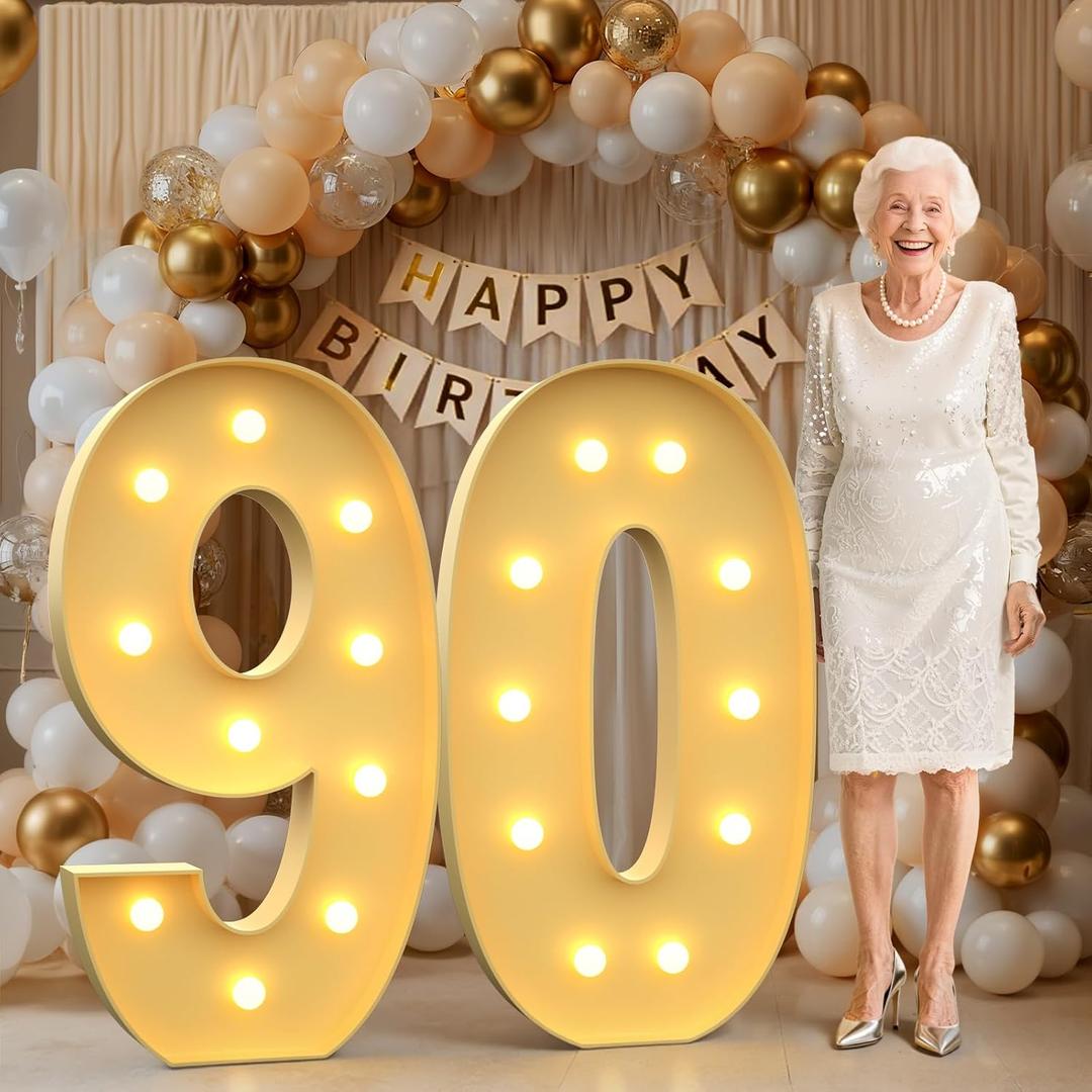Mixifox 90 Light up Numbers 4 Feet Tall, 90 Marquee Numbers for Party, 90th Birthday Decorations for Women Men, Big 90 Sign with Light for Anniversary, Birthday Backdrop Decor