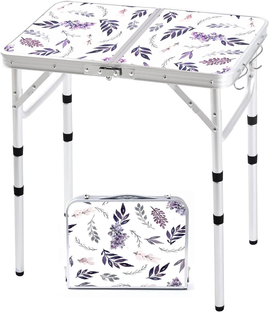 Yriuat Folding Camping Table 2ft Portable Pinic Table Adjustable Height Small Card Table Aluminum Foldable Lightweight with Carry Handle for Outdoor Indoor Hiking Camp BBQ Beach (Misty Lilac)