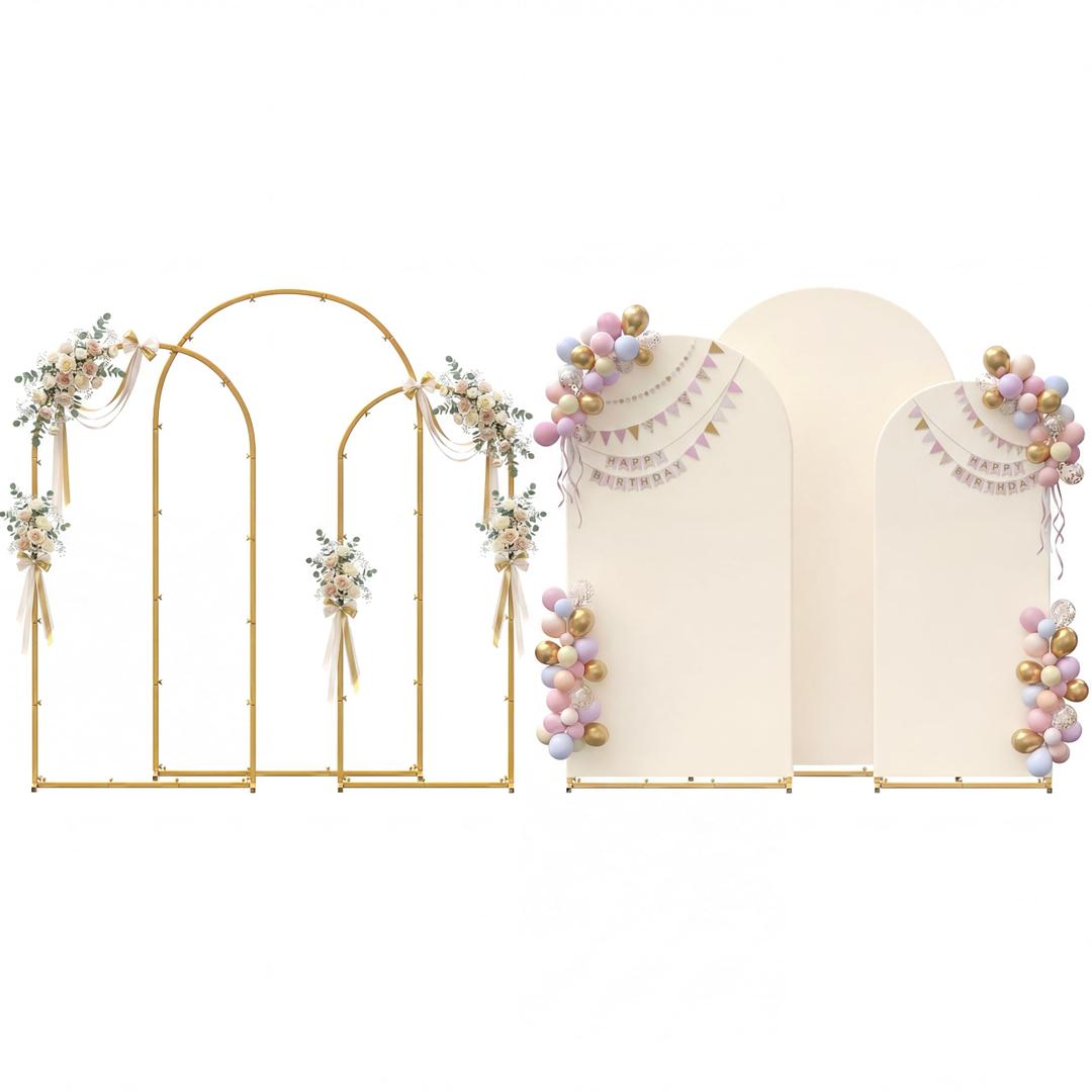 Metal Arch Backdrop Stand and Cover Set, 7.2FT, 6.6FT, 6FT Wedding Arch Frame, Easy to Assemble, Gold Arch Stand for Birthday, Party, Baby Shower, Graduation Ceremony(Beige)