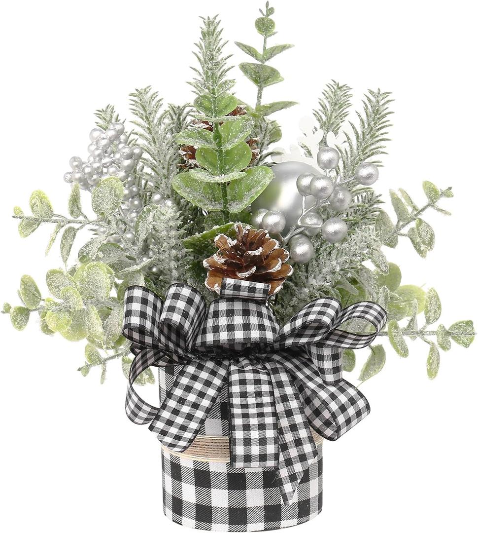 JIALEIXI Small Buffalo Check Plaid Christmas Tree, Artificial Mini Tabletop Christmas Tree Decorations, for Winter Home Hliday Party Xmas Decor - Black/White.