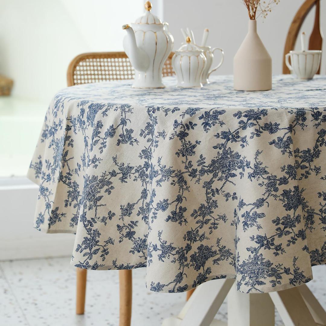 YiHomer Pastoral Round Tablecloth - 60 Inch Dia. Table Cloth - Washable Table Cover with Dust-Proof Wrinkle Resistant for Restaurant, Picnic, Indoor and Outdoor Dining, Floral (Dark Blue)