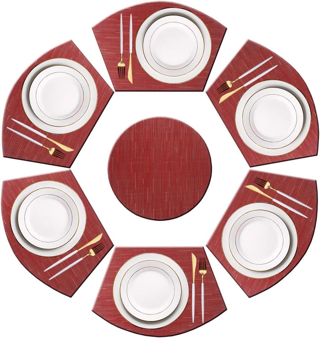 PIGCHCY Wedge Shaped Placemats Set of 6 with Centerpiece Round Mats Washable Kitchen Placemats Heat-Resistant Table Mats (Burgundy Red)