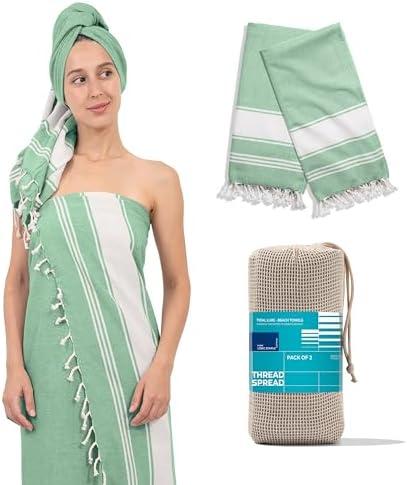 THREAD SPREAD Chambray Turkish Beach Towels 2 Pack - 100% Cotton Quick Dry Lightweight & Absorbent, Large Turkish Bath Towels for Travel, Sand Free Oversized Pool Beach Towel (Jade Green, 39" x 71")