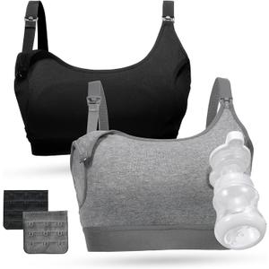 Momcozy Pumping Bra, Pumping Bra Hands Free All Day Wear Pumping & Nursing Bra in One Holding Breast Pump for Spectra, Medela (Medium, Black,grey-2pk)