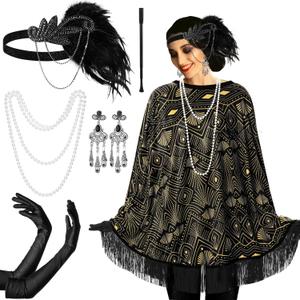 6 Pcs 1920s Flapper Costume Accessories Set for Women Fringed Poncho Flapper Shawl Outfits (Black)