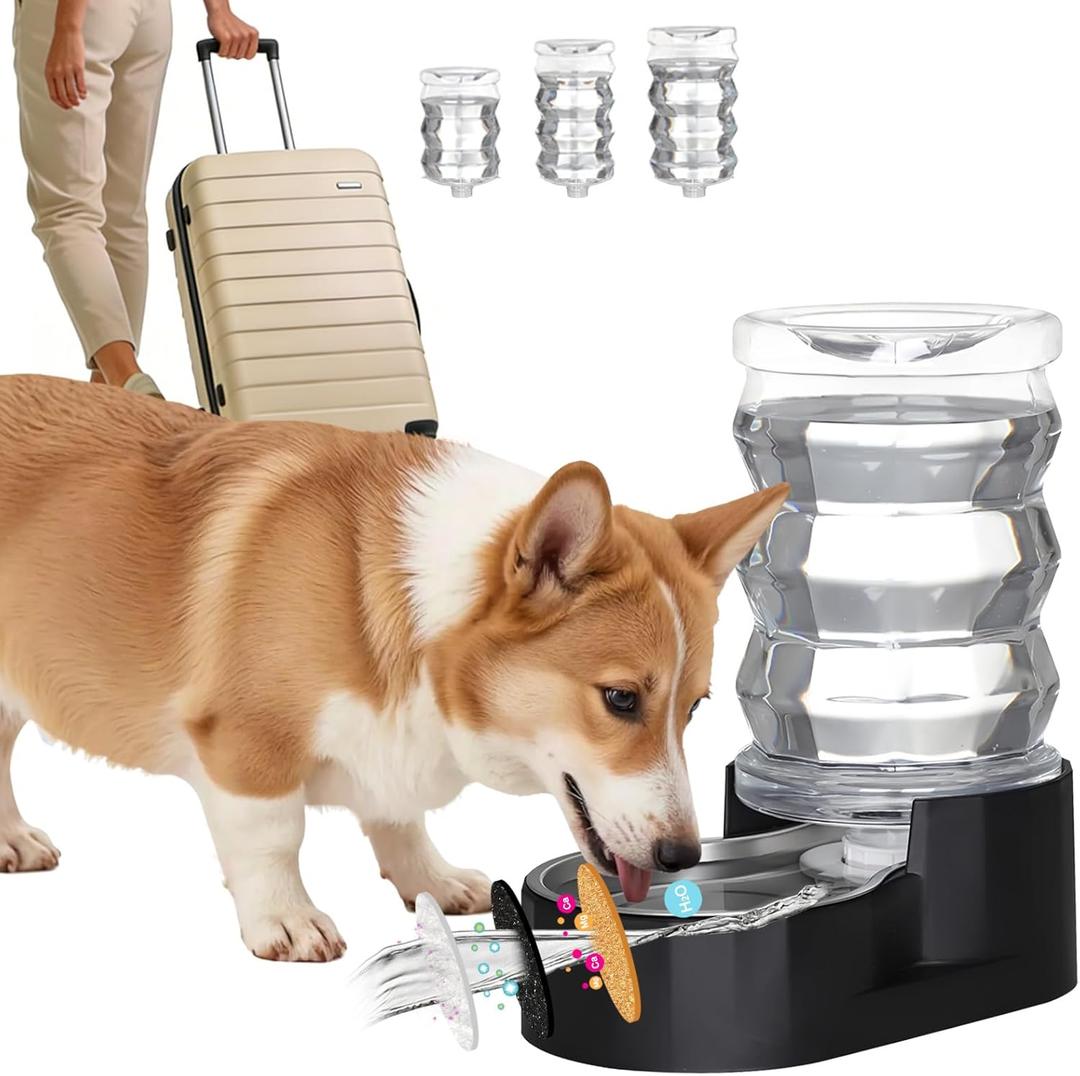 RIZZARI Dog Food Water Dispenser: 7L Automatic Black Large Stainless Steel Waterer with Filter - Gravity Water Feeder - Healthy Hydration for Pets Indoors Outdoors