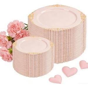 200PCS Pink and Gold Plates - Pink Plastic Plates - Fancy Disposable Plate with Gold Rim - Vintage Wedding Dinner & Dessert Plate for 100 Guests for Wedding & Bridal Shower & Mother's Day (7.25/10inch)