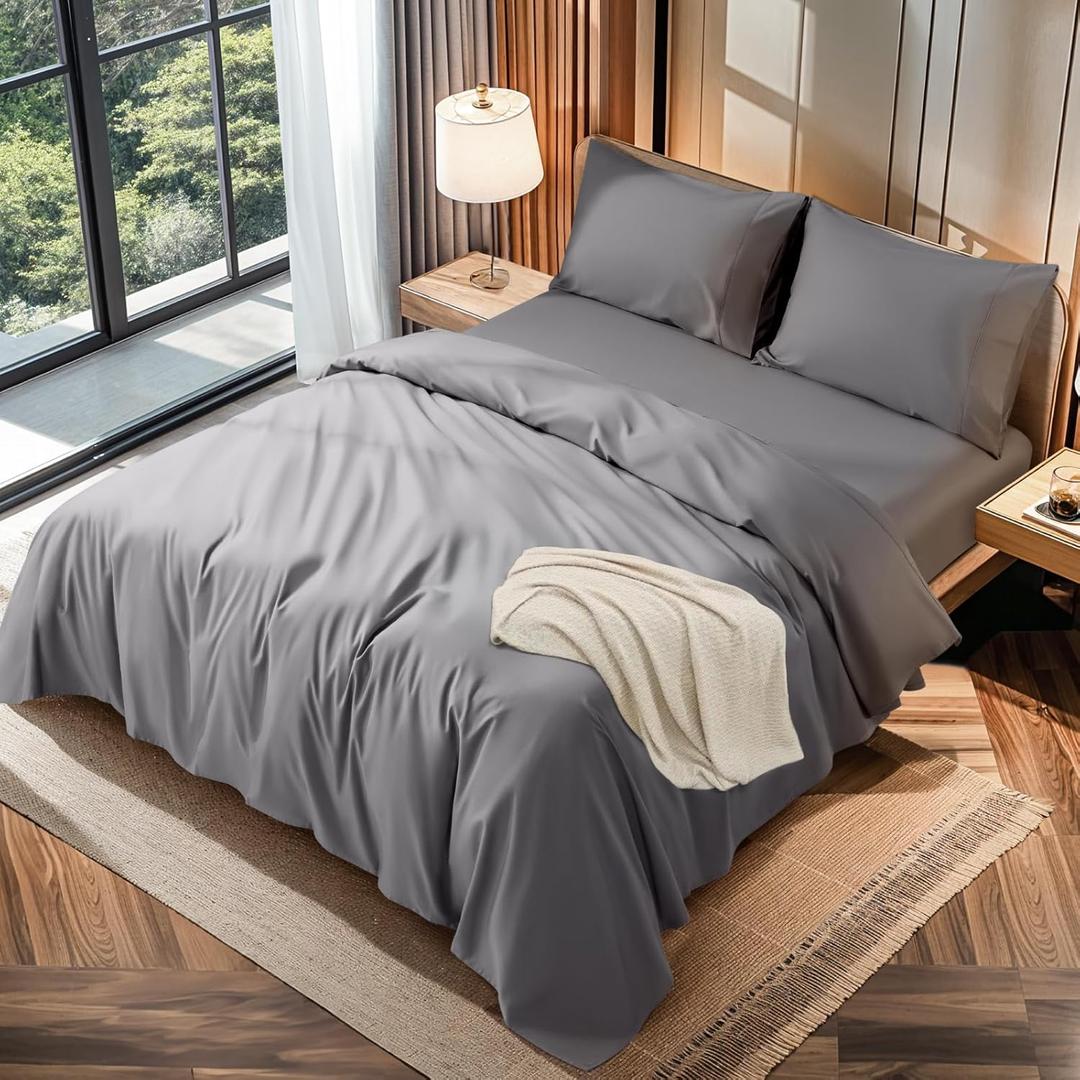 LBRO2M 100% Cotton 1200 Thread Count King Size Sheets Set,16 inches Deep Pocket,Bed Sheet 4 Piece Sets(Grey, King)