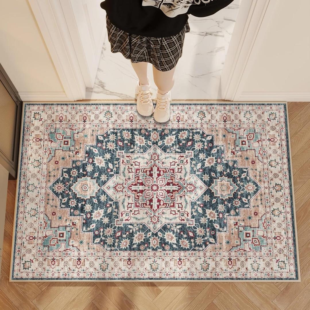 Area Rug 2x3 Door Mat, Washable Rugs, Stain Resistant Soft Thin Rug, Vintage Home Decor Non-Slip Rugs, for Bedroom, Office, Farmhouse, Front Door, Entryway (2x3 ' (Oblong), Blue)