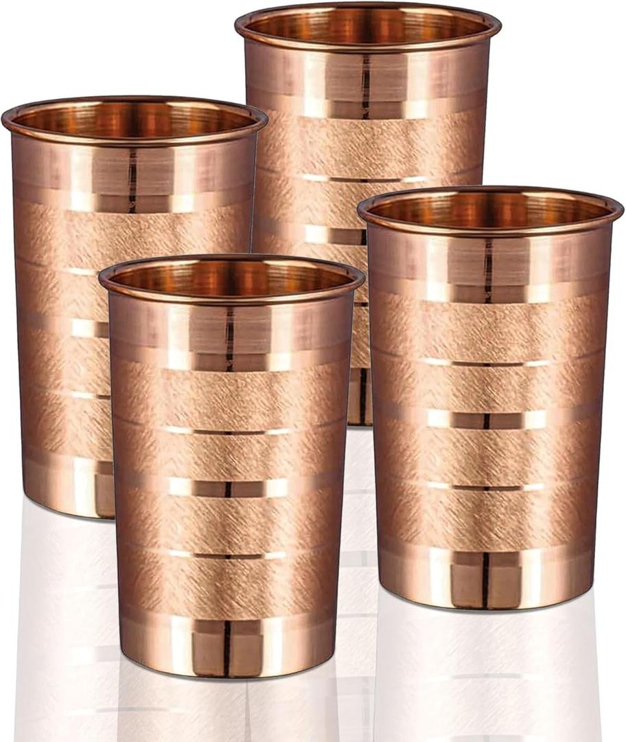 4 Set of Pure Copper Glass for Drinking Water Tumbler Copper Cup Set for Ayurveda Health Benefits – 312 ml (11 oz) 