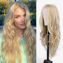 Long Blonde Wavy Wig for White Women Middle Part Curly Wavy Wig 26 Inch Natural Look Heat Resistant Synthetic Wig for Cosplay, Daily, Party