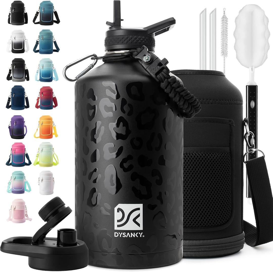 1 Gallon Water Bottle Insulated | Thickened Stainless Steel Vacuum Metal Water Jug | Portable Sports Large for Gym and Hiking with Straw, Carrier Bag, Handle Strap | BPA-Free 128 oz (Black Leopard)