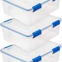 IRIS USA WeatherPro 27 Qt Storage Bins with Lids, 3 Pack, BPA-Free Plastic Gasket Box with Tight Latch and Seal, Stackable Nestable Tote Tub - Clear/Blue