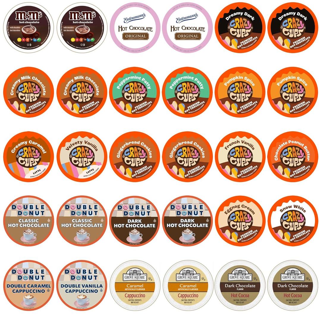 Hot Chocolate and Cappuccino Single Serve Cups, Variety Pack Sampler For Keurig K Cup Brewers, includes Hot Cocoa from Grove Square and Crazy Cups, 30 Count, Best By 10/31/2026