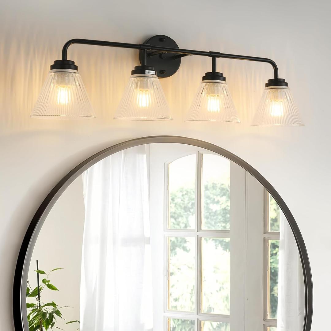 Modern Black Bathroom Vanity Light, 4-Light Wall Sconce with Clear Ribbed Glass Shades, Farmhouse Industrial Light Fixture for Bathroom, Vanity Mirror, Powder Room, Hallway (black, Powder Coated, 4)