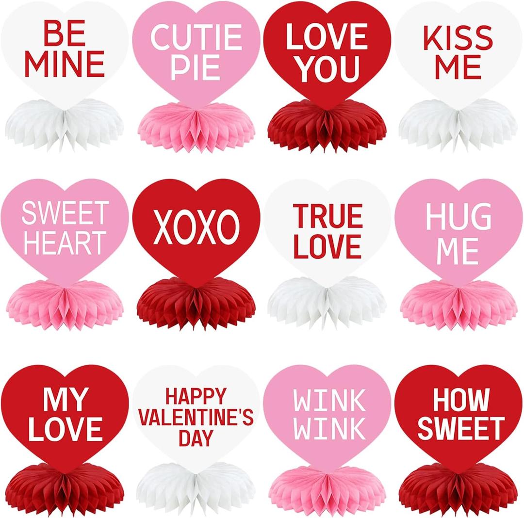 12 Pcs Valentine's Day Honeycomb Centerpieces Valentines Decorations 3D Paper Valentine Heart Honeycomb Valentine Conversation Hearts Decorations for Valentine's Day Party Table Decor