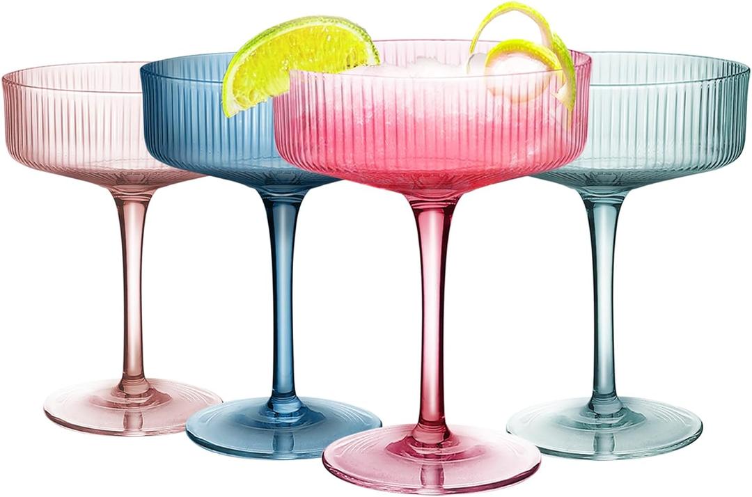 Ribbed Coupe Glasses 4Pcs Mixed Colors, Cocktail Glass, Vintage Martini Glasses, Ribbed Coupe Glasses, Ideal for Cocktail, Champagne