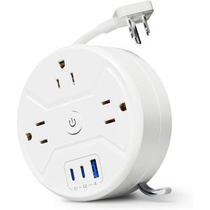 PD 20W C Travel Power Strip, SUPERDANNY 5ft Retractable Extension Cord Fast Charging Station, Portable 3-AC & 3-USB Flat Plug Extension Cord for Home Office, Business Travel, Trip, Cruise, White